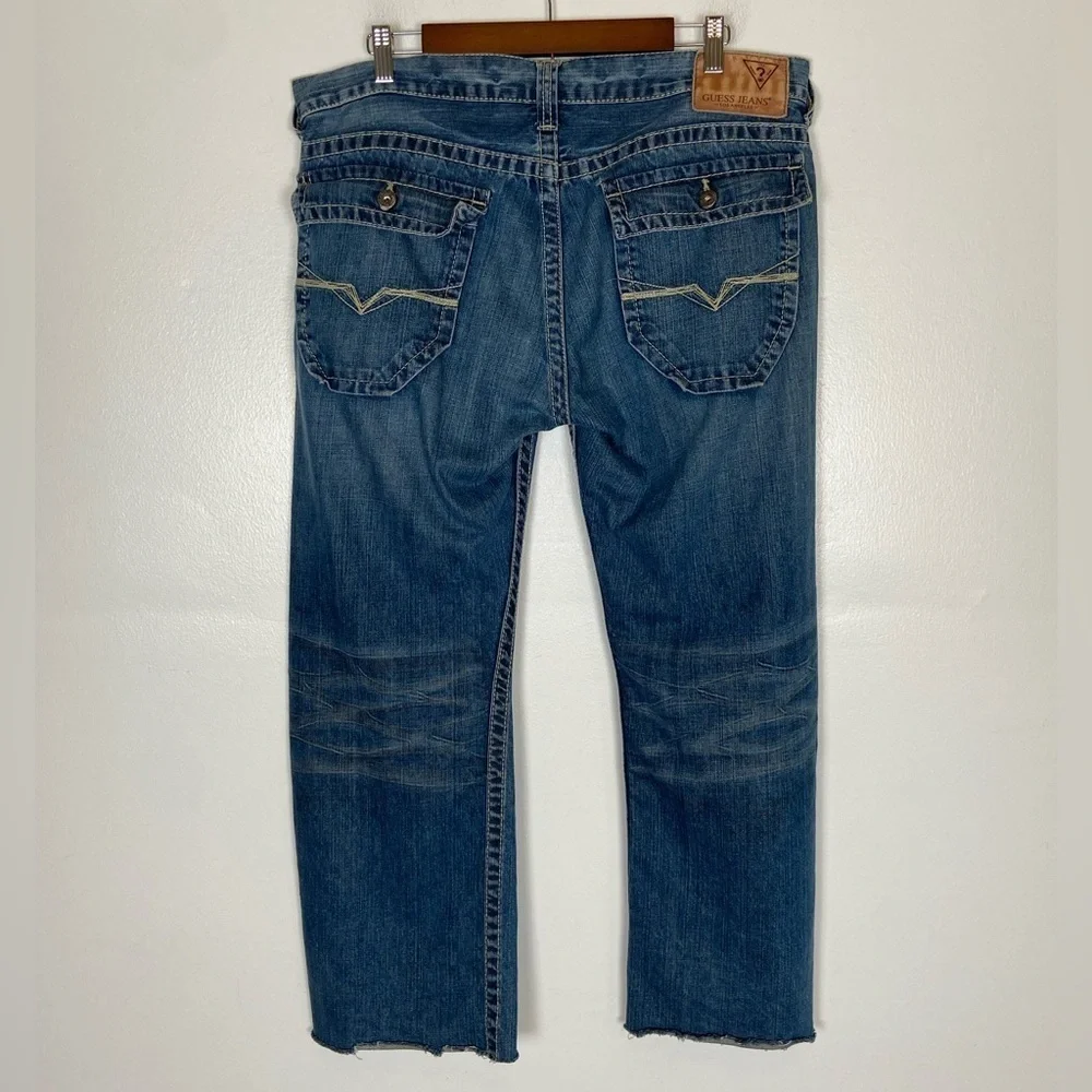Guess Pasadena Men's Straight Leg Jeans Size 36 Distressed Flap Pockets Blue